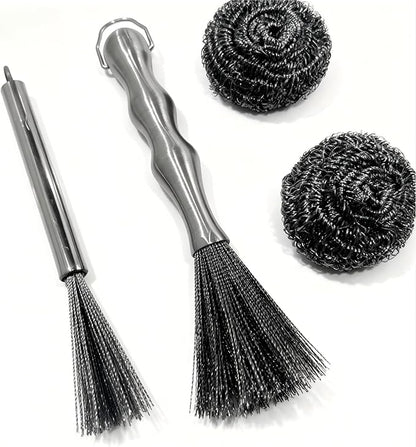 4-Piece Stainless Steel Deep Cleaning Brush Set with Steel Wool Scrubbers, Rust-Resistant Kitchen Brush for Pots, Pans, Plates, and Bowls, Durable One-Piece Handle, Dishwasher Safe