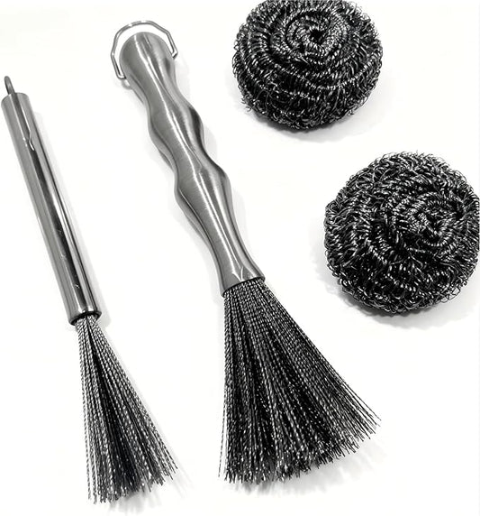 4-Piece Stainless Steel Deep Cleaning Brush Set with Steel Wool Scrubbers, Rust-Resistant Kitchen Brush for Pots, Pans, Plates, and Bowls, Durable One-Piece Handle, Dishwasher Safe