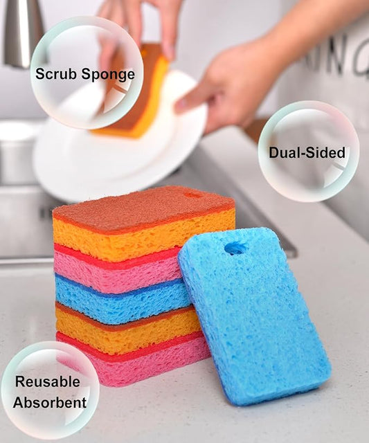 METUUTER 12-Count Scrub Sponges Kitchen Sponge Heavy Duty, Cellulose Sponges with Scouring Pads Dual-Sided for Kitchen and Household Use (Square-Multi)