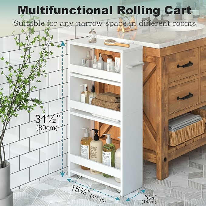 MARTY White Slim Storage Cart with Wheels, 4 Tier Rolling Utility Cart with Handle Slide Out Shelving Unit Organizer Trolley for Laundry Kitchen Bathroom Narrow Places Small Corner