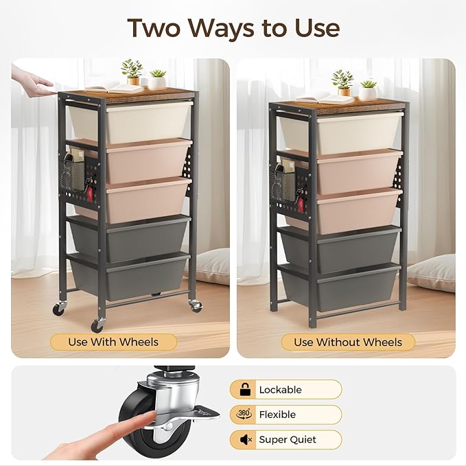 Rolling Cart with 4 Drawers, Plastic Drawer Storage Carts with Wheels & Wooden Tabletop, Metal Utility Cart with Pegboards, Office Living Room Classroom Craft Organization and Storage, Dark Brown