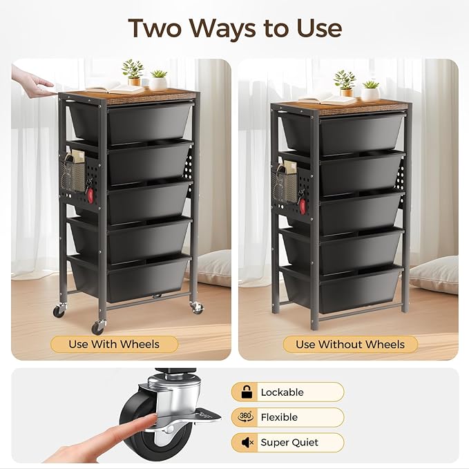 Rolling Cart with 5 Drawers, Plastic Drawer Storage Carts with Wheels & Wooden Tabletop, Metal Utility Cart with Pegboards, Office Living Room Classroom Craft Organization and Storage, Dark Black