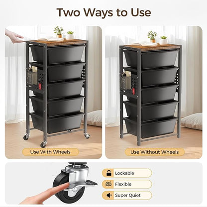 Rolling Cart with 5 Drawers, Plastic Drawer Storage Carts with Wheels & Wooden Tabletop, Metal Utility Cart with Pegboards, Office Living Room Classroom Craft Organization and Storage, Dark Black