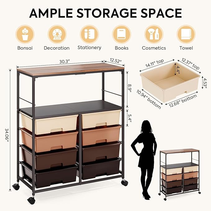 Rolling cart with 8 drawers,Storage drawer cart with wooden tabletop,Lockable wheels organizer for homeschool, arts & crafts, classroom, office & creative spaces (Brown)