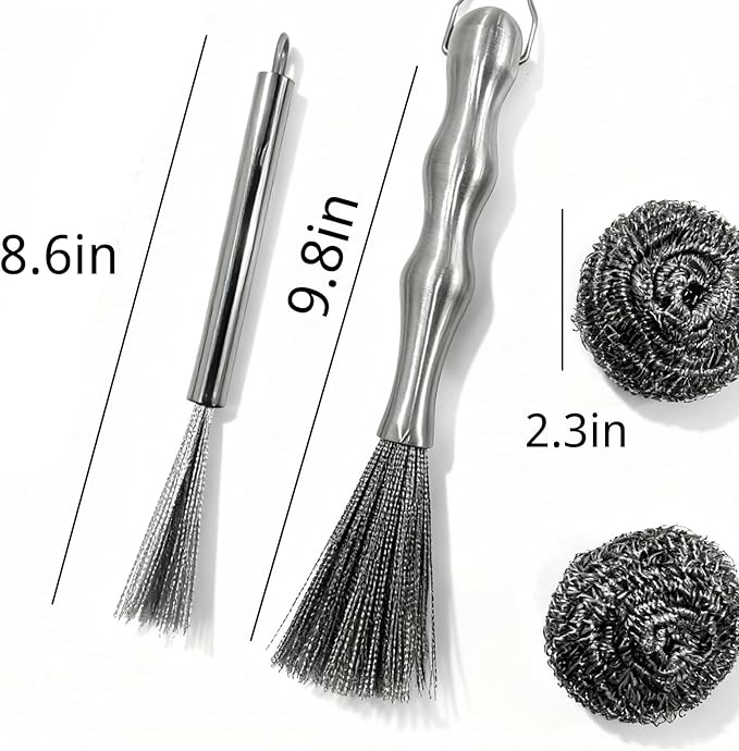 4-Piece Stainless Steel Deep Cleaning Brush Set with Steel Wool Scrubbers, Rust-Resistant Kitchen Brush for Pots, Pans, Plates, and Bowls, Durable One-Piece Handle, Dishwasher Safe