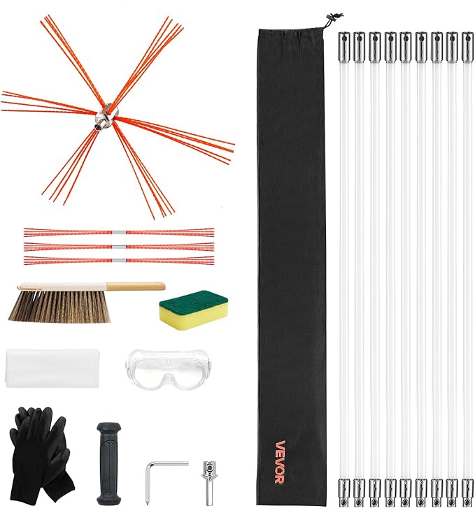 VEVOR Chimney Sweep Kit, 30 ft Maximum Extendable Length Chimney Sweep, Chimneys Cleaning Kit with Bristle Replacements & Goggles, 90° Bendable Fireplace Cleaning Tool, for Square, Rectangle Chimneys