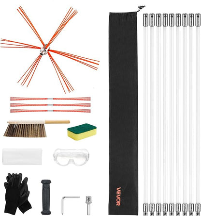 VEVOR Chimney Sweep Kit, 30 ft Maximum Extendable Length Chimney Sweep, Chimneys Cleaning Kit with Bristle Replacements & Goggles, 90° Bendable Fireplace Cleaning Tool, for Square, Rectangle Chimneys