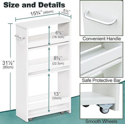 MARTY White Slim Storage Cart with Wheels, 4 Tier Rolling Utility Cart with Handle Slide Out Shelving Unit Organizer Trolley for Laundry Kitchen Bathroom Narrow Places Small Corner