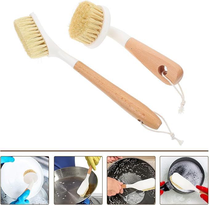 Multi-use Kitchen Dish Brush Set 2pcs with Wood Handle Tampico Bristle Pot Scrubber for Household Cleaning Portable Dish Brush and Pans