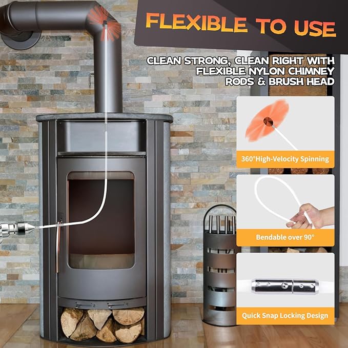 16 Feet Chimney Sweep Kit, Chimney Cleaning Kit with 5 Flexible Chimney Rods, Rotary Chimney Cleaning System Driven by Drill for Sweeping Fireplace, Chimney Cleaners with Strong Brush