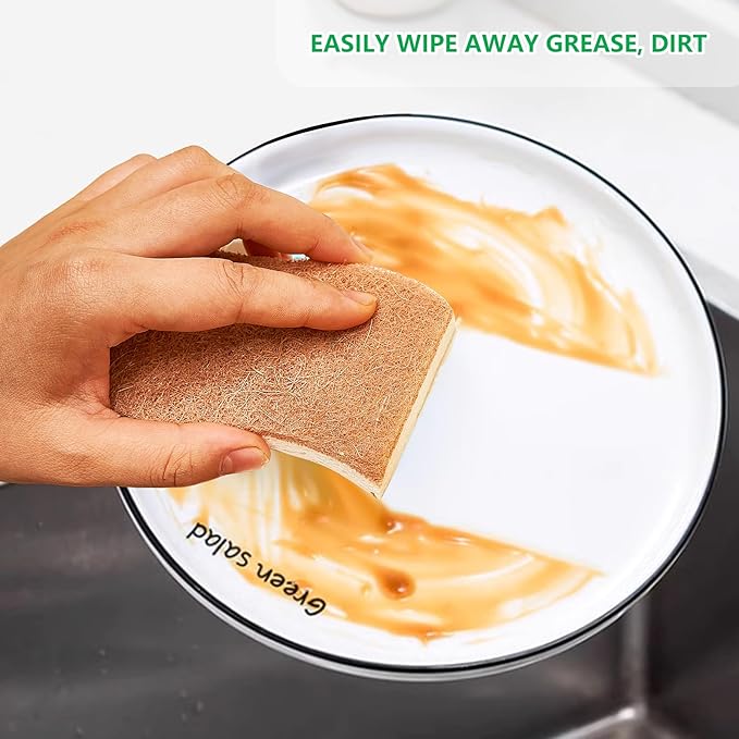 Natural Kitchen Sponges, 12 Pack Non-Scratch Scrubber, Biodegradable Compostable Sisal Cellulose Dish Scrub Sponges, Household Cleaning Sponges for Dishes