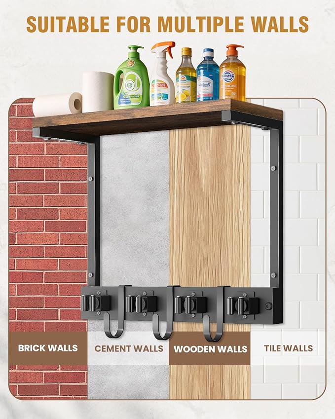 Broom Holder Wall Mount with Top Wooden Shelf, Heavy Duty Metal Cleaning Supplies Broom Hanger with 4 Slots & 3 Hooks for Laundry Garage Tool Storage Kitchen (Small)