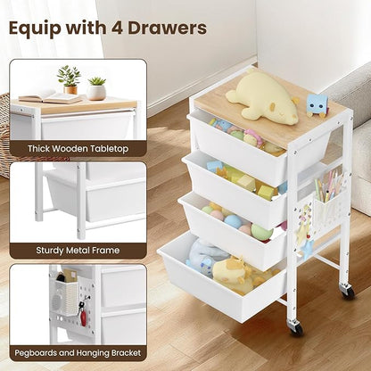 Rolling Cart with 4 Drawers, Plastic Drawer Storage Carts with Wheels & Wooden Tabletop, Metal Utility Cart with Pegboards, Office Living Room Classroom Craft Organization and Storage, Bright White