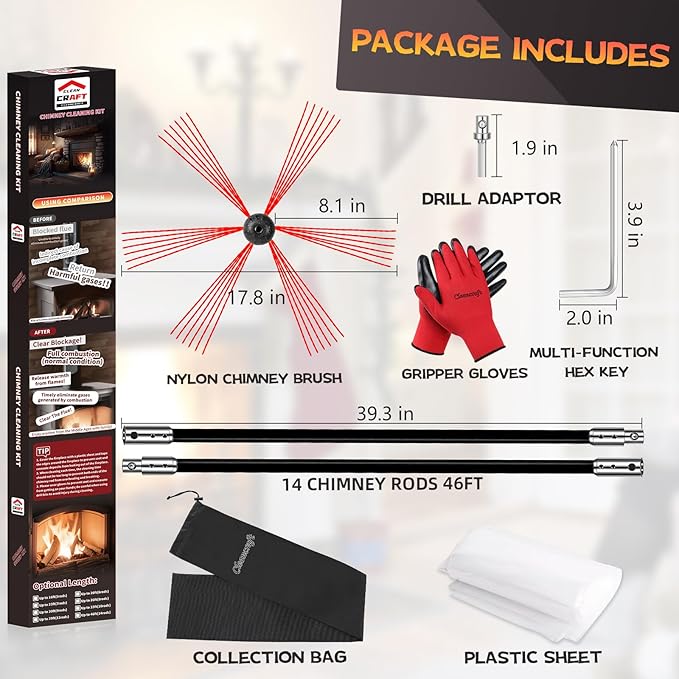 46 Feet Chimney Sweep Kit, Chimney Cleaning Kit with 14 Flexible Black Chimney Rods, Chimney Brush, Rotary Chimney Cleaning System Driven by Drill for Sweeping Fireplace