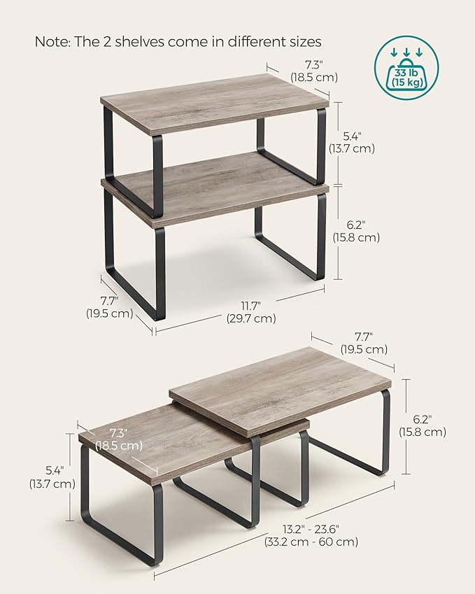 SONGMICS Cabinet Organizer Shelf, Set of 2 Kitchen Counter Shelves, Kitchen Storage, Spice Rack, Stackable, Expandable, Metal and Engineered Wood, Ink Black and Heather Greige UKCS020X02