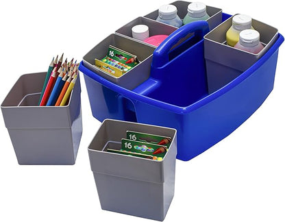 Storex Large Classroom Craft Caddy with Cups, 13 x 11 x 6.575 Inches, Blue, Case of 2 (00985A02C)