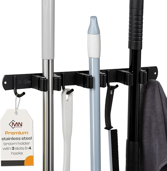 Heavy-Duty Stainless-Steel Broom Holder Wall Mount with 3 Racks and 4 Hooks | Waterproof Mop and Broom Hanger | Adjustable, Garage & Garden Tool Organizer | Black