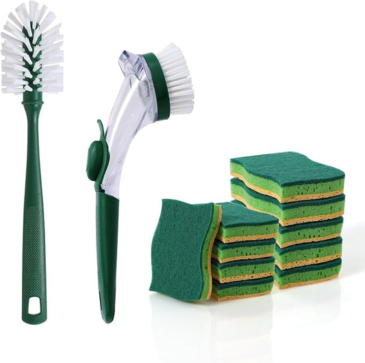 Kitchen Cleaning Tool Set - 3-Pack Dish Scrub Brush Kit with 10PCS Non-Scratch Scrub Sponges, Bottle Brush & Pot Scrubber, Safe for Cookware, Bathroom & Nonstick Surfaces