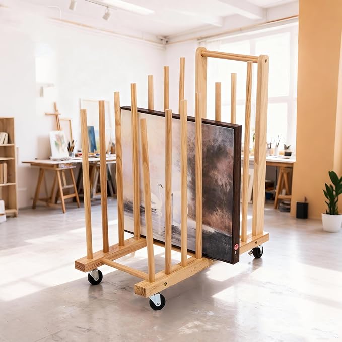 Art Storage Rack with Caster Wheels, Art Drying Rack, Wooden Canvas Storage, Painting Rack, Canvas Organizer Drying Rack for Studios, Artworks, Gallery Art Rack for Display of Canvas, Prints, Panels