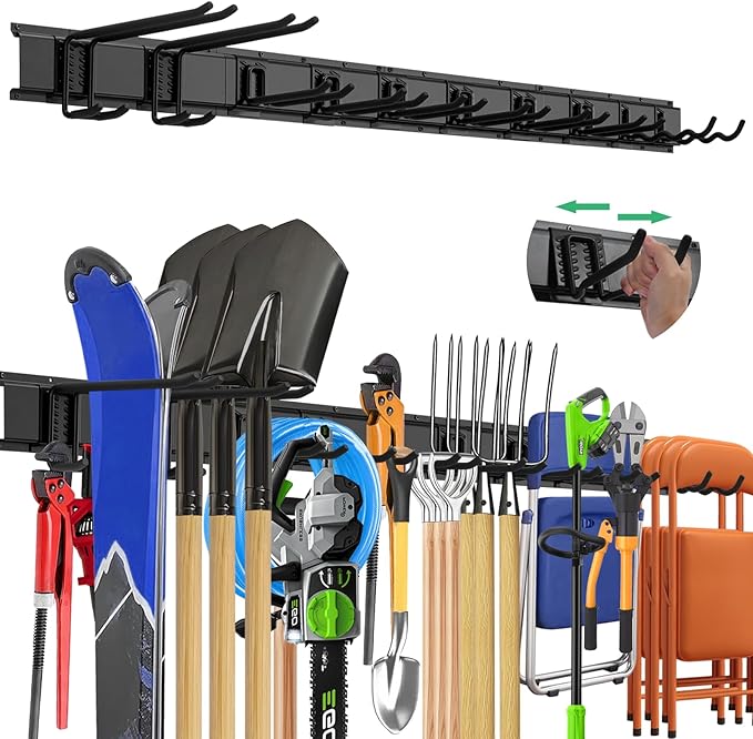 "64 Garage Tool Organizer Wall Mount - Heavy Duty 750lbs Metal Storage Rack, Easy Install Adjustable Hooks for Garden Tools Brooms