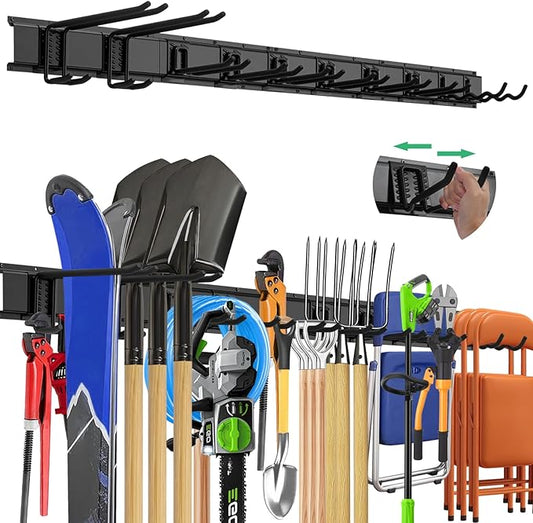 "64 Garage Tool Organizer Wall Mount - Heavy Duty 750lbs Metal Storage Rack, Easy Install Adjustable Hooks for Garden Tools Brooms