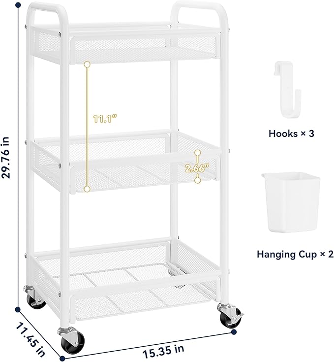 YASONIC 3 Tier Rolling Cart – Metal Utility Storage Carts with Wheels, Craft Carts Organizer with Hanging Cups, Hooks, Mesh Basket for Bedside Kitchen Office Art, White