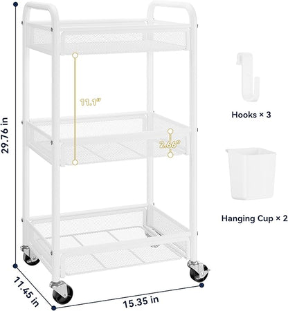 YASONIC 3 Tier Rolling Cart – Metal Utility Storage Carts with Wheels, Craft Carts Organizer with Hanging Cups, Hooks, Mesh Basket for Bedside Kitchen Office Art, White