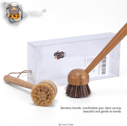 FOLI Bamboo Handle Dish Scrub Brushes - Wooden Cleaning Scrubbers with Stiff Bristles for Washing Kitchen Cast Iron Pan Pot (2PCS with Sisal & Palm Bristles, Long Handle)