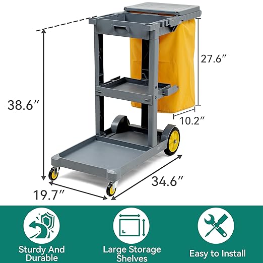 YITAHOME Janitorial Cart Cleaning Carts on Wheels, Gray Housekeeping Cart, 3 Shelf Commercial Plastic Janitor Carts, with 2 Yellow 25 Gallon Vinyl Bag & Rubber Gloves for Restaurant Hotel Home