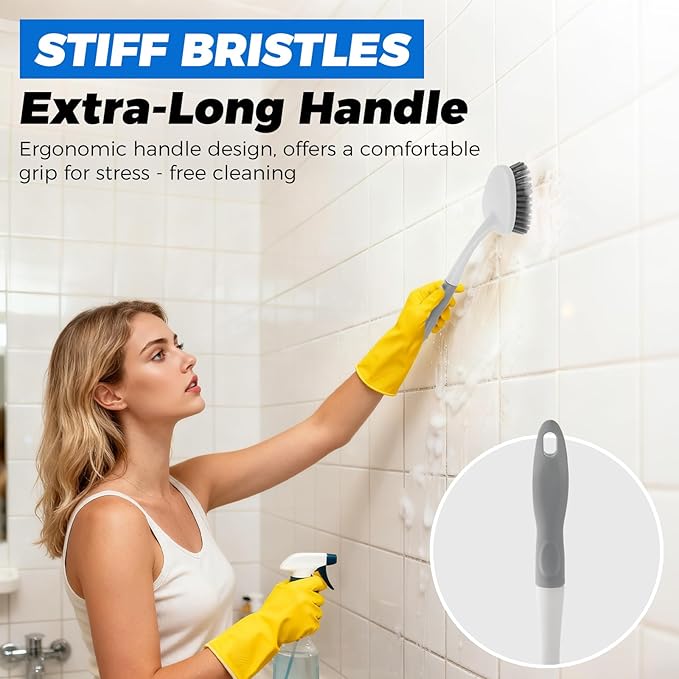 3 Pack Heavy Duty Scrub Brush Set for Household Use, Long Scrub Brush, Handheld Scrub Brush, and Crevice Brush with a Scraper Head for Cleaning Bathroom, Tile, Grout, Tub, Floor, Sink