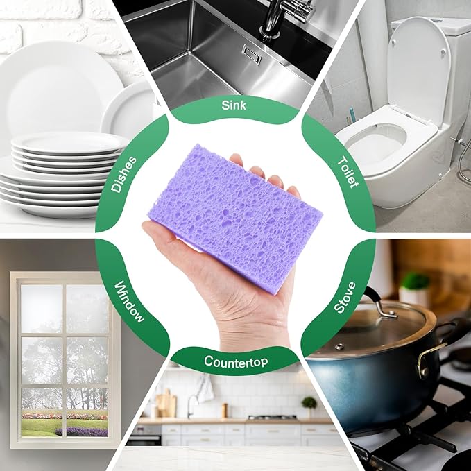 12-Pack Kitchen Sponges, Condense Eco Cellulose Non-Scratch Scrub Heavy Sponge for Kitchen/Household/Bathroom, Clean Tough Messes Dish Scrubber [Purple]