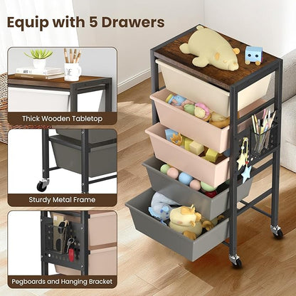 Rolling Cart with 5 Drawers, Plastic Drawer Storage Carts with Wheels & Wooden Tabletop, Metal Utility Cart with Pegboards, Office Living Room Classroom Craft Organization and Storage, Dark Brown