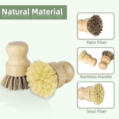 Bamboo Dish Brush Set with Holder - Natural Dish Scrub Brush for Cleaning Dishes, Fast Dry Design Kitchen Dish Brush for Sinks & Pots