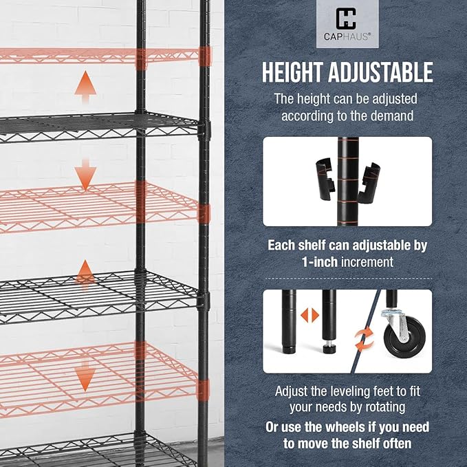 CAPHAUS NSF Commercial Grade Wire Shelving w/Wheels, Leveling Feet & Liners, Storage Metal Shelf, 48 x 18 x 76 4-Tier No Liner (RWW-CH48184HDW-BK@CH-CM)