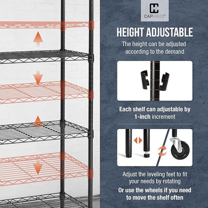 CAPHAUS NSF Commercial Grade Wire Shelving w/Wheels, Leveling Feet & Liners, Storage Metal Shelf, 48 x 18 x 76 4-Tier No Liner (RWW-CH48184HDW-BK@CH-CM)