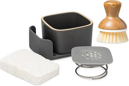 Full Circle Bubble Up Combo—Family Safe, Formaldehyde-Free-Gray Ceramic Soap Dish with Plant-Based Sponge & Bamboo Dish Brush-Versatile Kitchen Scrub Brush Set for Pots, Pans,Counter & Sink,Gray