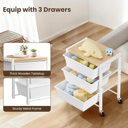 Rolling Cart with 3 Drawers, Plastic Drawer Storage Carts with Lockable Wheels & Wooden Tabletop, Metal Utility Cart Organizer, Office Bedroom Classroom Craft Organization and Storage, Bright White