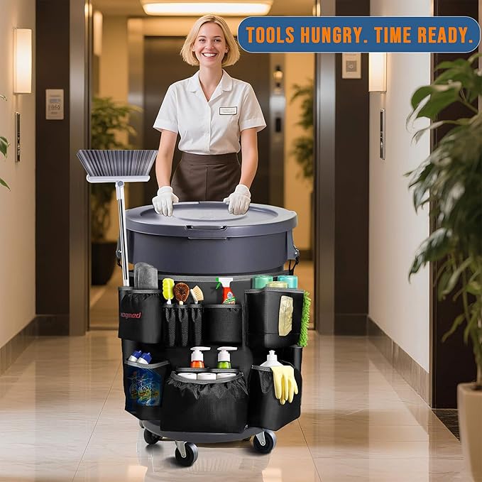 Trash Can Caddy Bag for 32-55 Gallon Garbage Bin, Hongmed Caddy for Commercial Cleaning Supplies, Multi-Pocket Utility Apron with Adjustable Straps, Heavy-Duty Nylon Organizer for Janitorial Duties