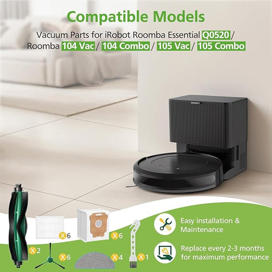 25 Pcs Replacement Parts for iRobot Roomba 104/105 Vac/ 105 Combo/ Q052 Robot Vacuum, Q0520 105 Accessories Include 2 Main Brushes, 6 Filters, 6 Dust Bags, 6 Side Brushes, 4 Mop Pads, 1 Clean Brush