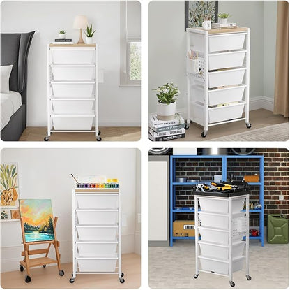 Rolling Cart with 5 Drawers, Plastic Drawer Storage Carts with Wheels & Wooden Tabletop, Metal Utility Cart with Pegboards, Office Living Room Classroom Craft Organization and Storage, Bright White