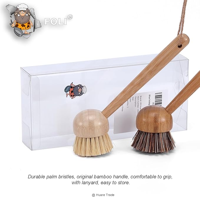 FOLI Bamboo Handle Dish Scrub Brushes - Wooden Cleaning Scrubbers with Stiff Bristles for Washing Kitchen Cast Iron Pan Pot (2PCS with Sisal & Palm Bristles, Long Handle)