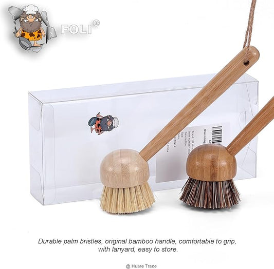 FOLI Bamboo Handle Dish Scrub Brushes - Wooden Cleaning Scrubbers with Stiff Bristles for Washing Kitchen Cast Iron Pan Pot (2PCS with Sisal & Palm Bristles, Long Handle)