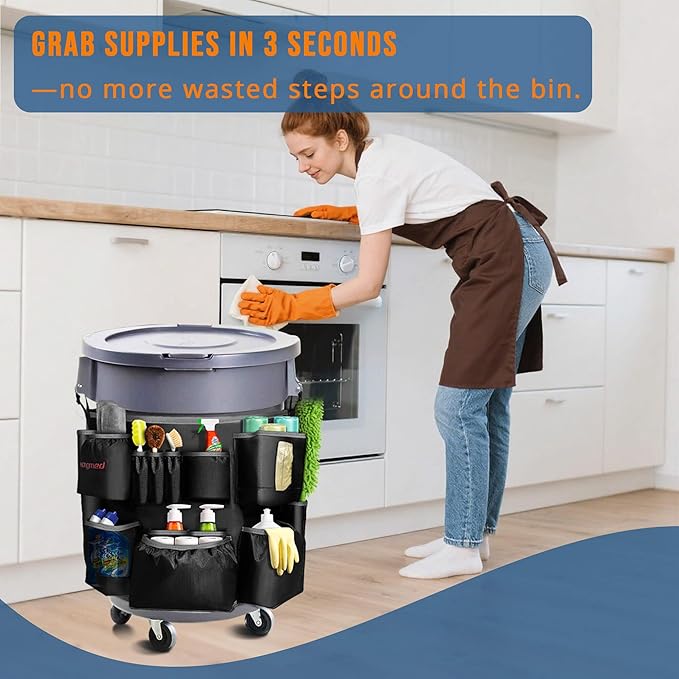 Trash Can Caddy Bag for 32-55 Gallon Garbage Bin, Hongmed Caddy for Commercial Cleaning Supplies, Multi-Pocket Utility Apron with Adjustable Straps, Heavy-Duty Nylon Organizer for Janitorial Duties