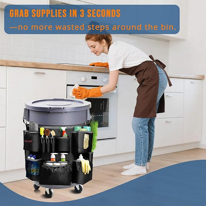 Trash Can Caddy Bag for 32-55 Gallon Garbage Bin, Hongmed Caddy for Commercial Cleaning Supplies, Multi-Pocket Utility Apron with Adjustable Straps, Heavy-Duty Nylon Organizer for Janitorial Duties