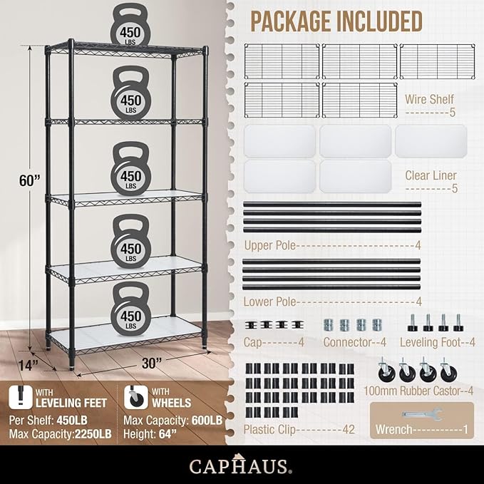 CAPHAUS NSF Commercial Grade Heavy Duty Wire Shelving w/Wheels, Leveling Feet & Liners, Metal Shelf, Garage & Utility Storage, 5-Tier 30x14x64