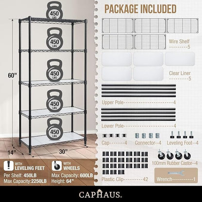 CAPHAUS NSF Commercial Grade Heavy Duty Wire Shelving w/Wheels, Leveling Feet & Liners, Metal Shelf, Garage & Utility Storage, 5-Tier 30x14x64