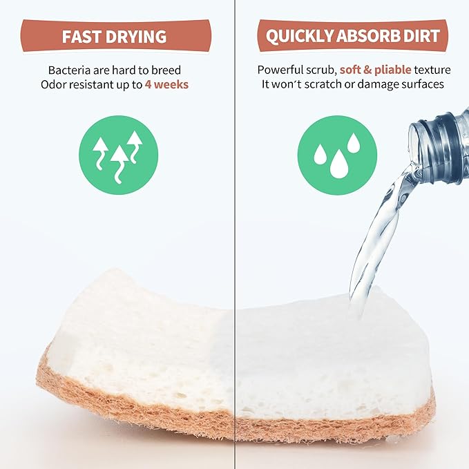 HOMERHYME Natural Dish Sponge 24 Pack, Non-Scratch Scrub Sponge, Eco Multipurpose Kitchen Sisal Fiber Cellulose Sponge, Odor-Less Dual-Sided for Dish Washing & Household Cleaning