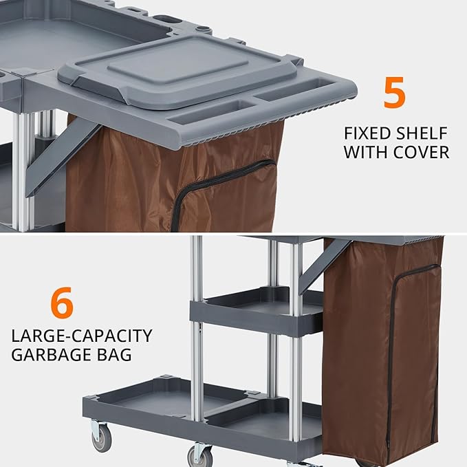Commercial Janitorial Cart with Wheels, 3 Shelf Cleaning Trolley Cart with 16 Gallon Trash Bag, 220 Lbs Capacity Rolling Housekeeping Carts, Ideal for hotels, offices, classrooms, and residential buil