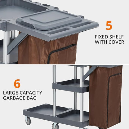 Commercial Janitorial Cart with Wheels, 3 Shelf Cleaning Trolley Cart with 16 Gallon Trash Bag, 220 Lbs Capacity Rolling Housekeeping Carts, Ideal for hotels, offices, classrooms, and residential buil