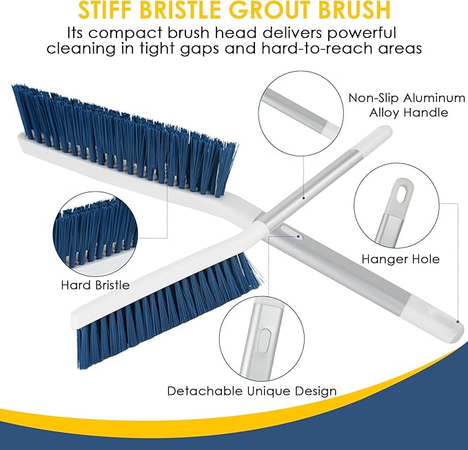 3 Pack Scrub Brush Set - Detachable Stiff Bristle Grout Cleaner Brush, Cleaning Scrubbers with Squeegee for Shower Glass, Heavy Duty Scrub Brushes for Cleaning Bathroom, Bathtub, Gaps, Tile, Floor